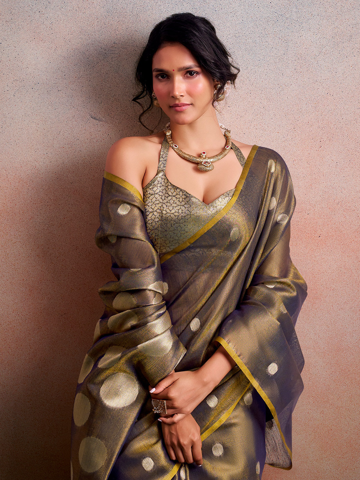 Timeless grey zari work tissue silk saree