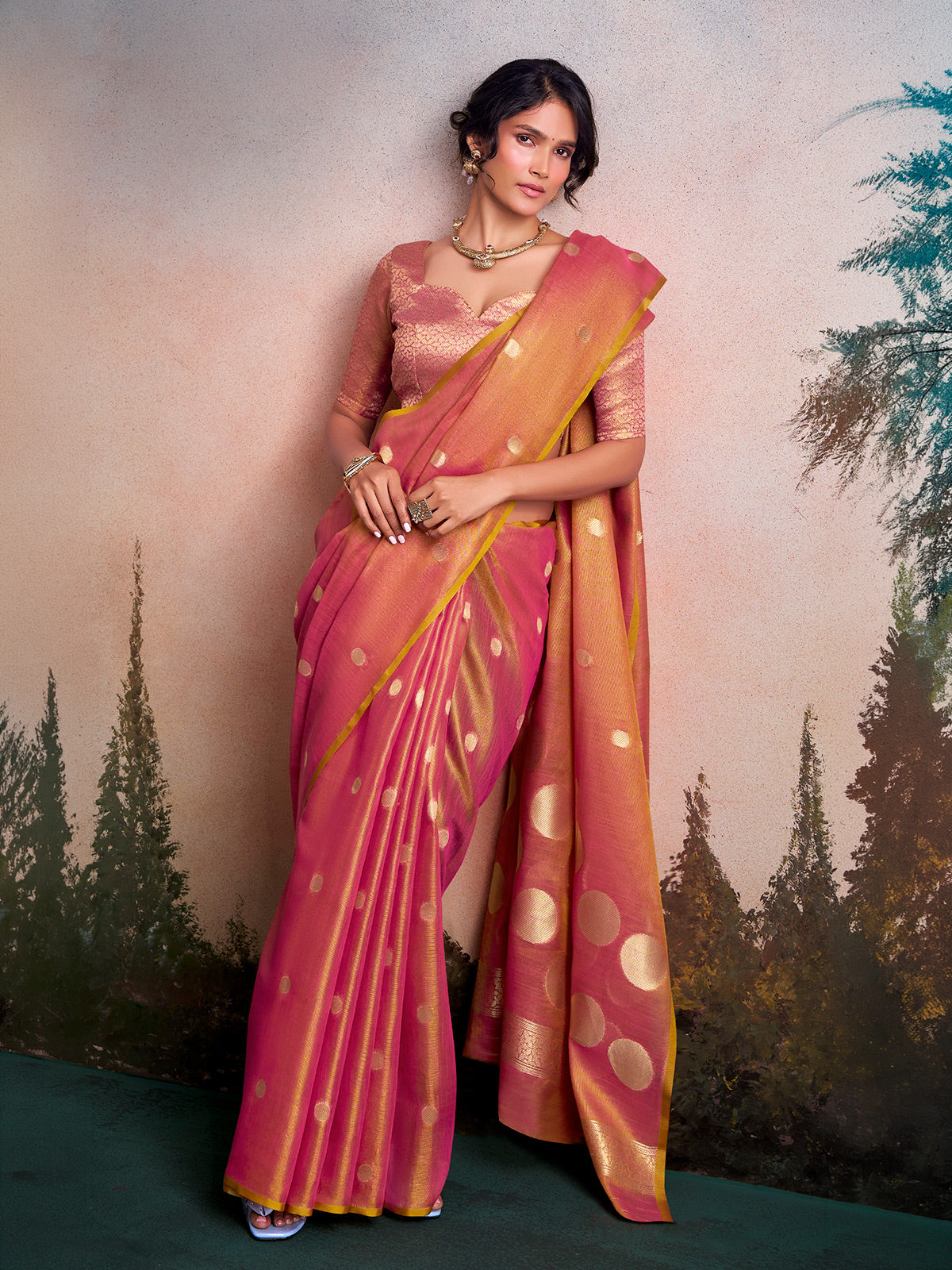 Graceful onion pink zari work tissue silk saree
