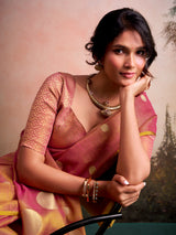 Graceful onion pink zari work tissue silk saree