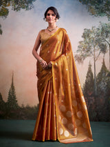 Elegant mustard yellow zari woven tissue silk saree