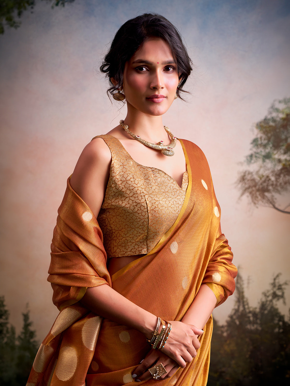Elegant mustard yellow zari woven tissue silk saree