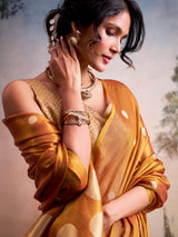 Elegant mustard yellow zari woven tissue silk saree