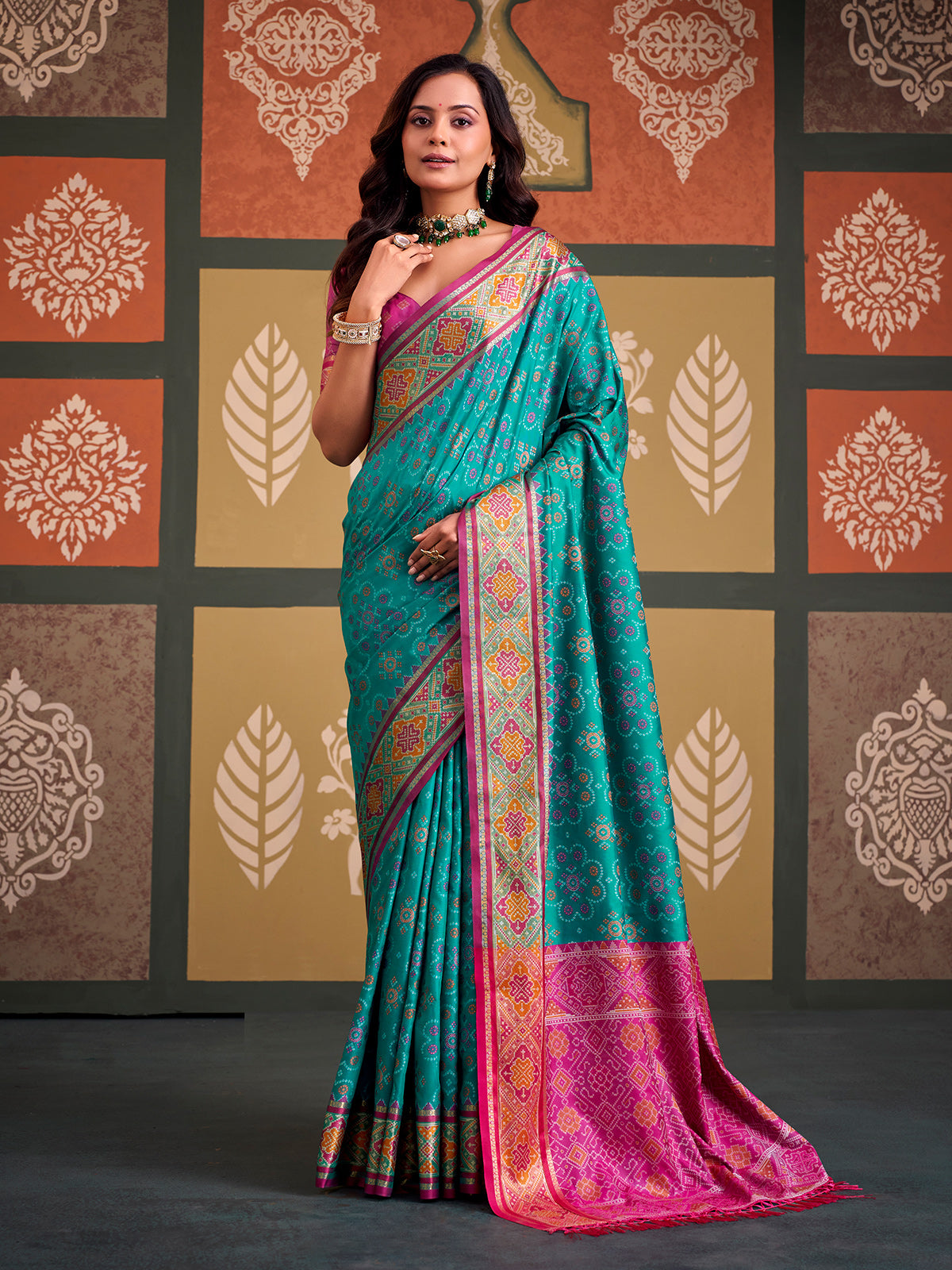 Royal sky blue bandhani patola silk saree with contrast pink blouse