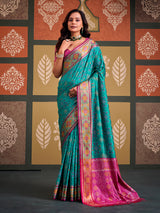 Royal sky blue bandhani patola silk saree with contrast pink blouse