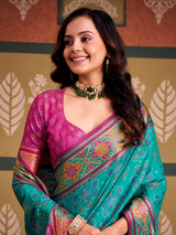 Royal sky blue bandhani patola silk saree with contrast pink blouse