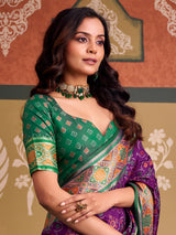 Imperial purple bandhani patola silk saree with contrast green blouse