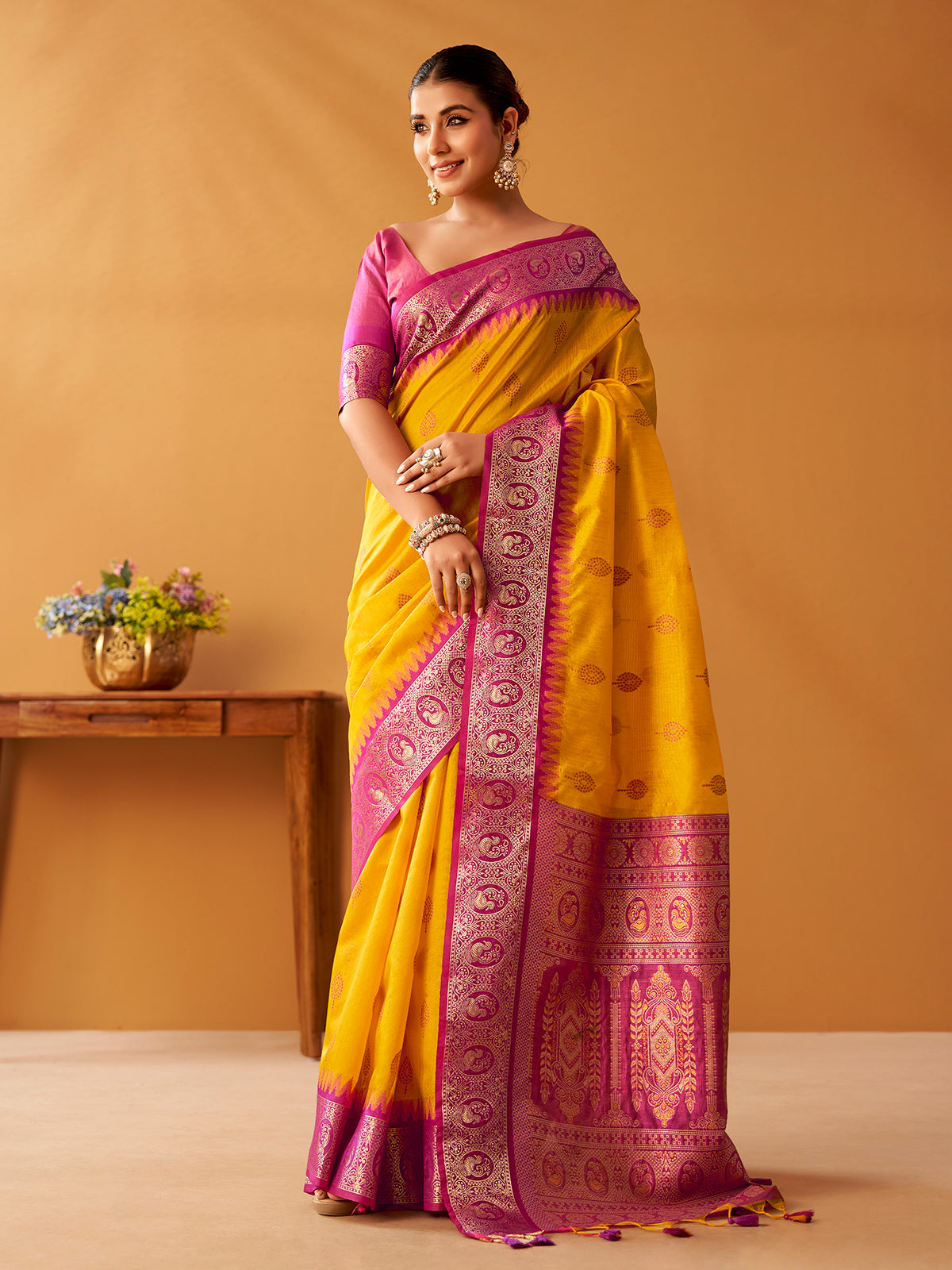 Mustard yellow festive modal cotton saree
