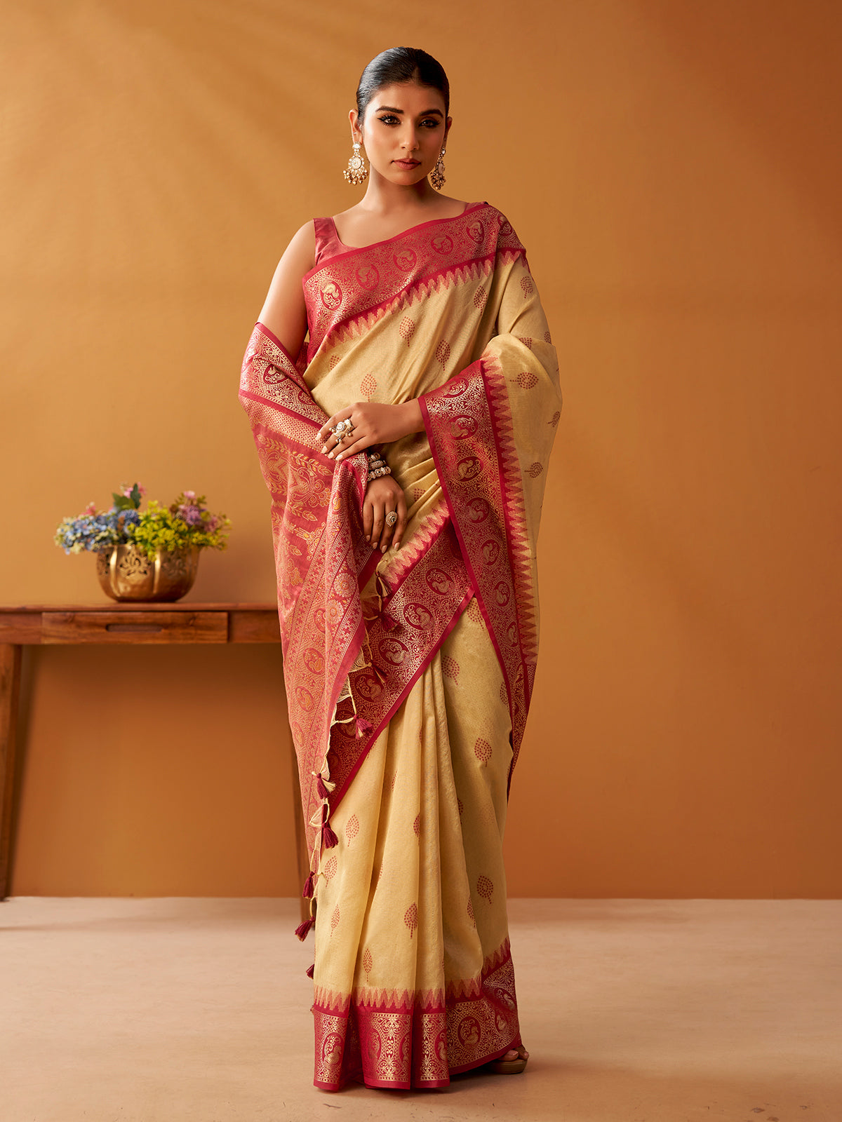 Beige heritage zari modal cotton saree