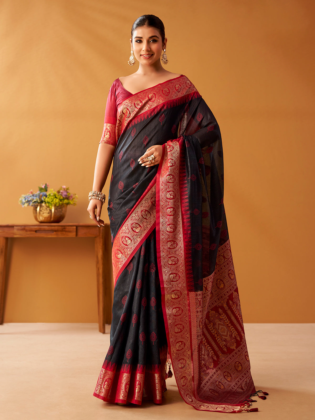 Black paisley zari modal cotton saree