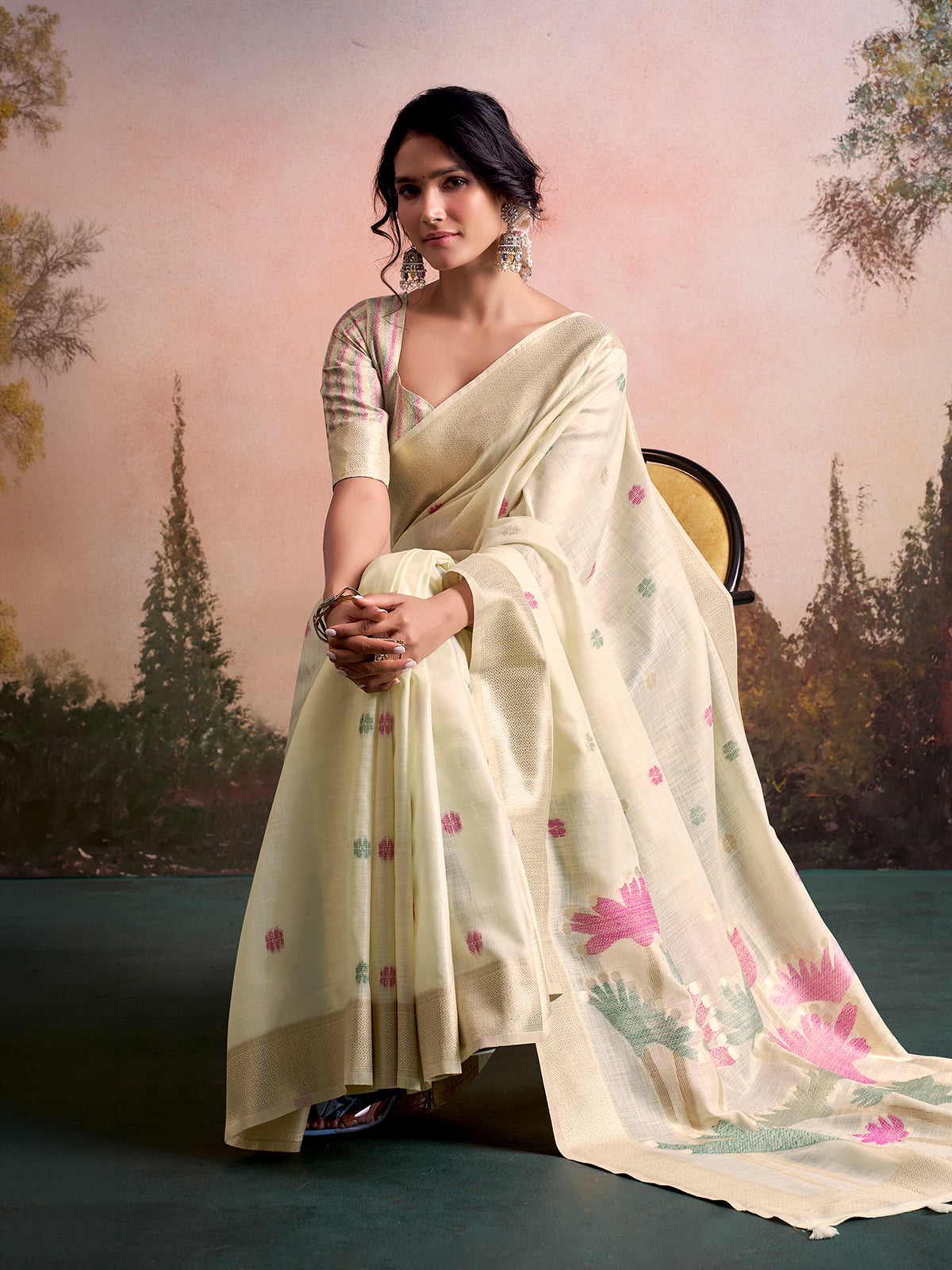 Cream nature inspired linen silk festive saree