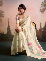 Cream nature inspired linen silk festive saree