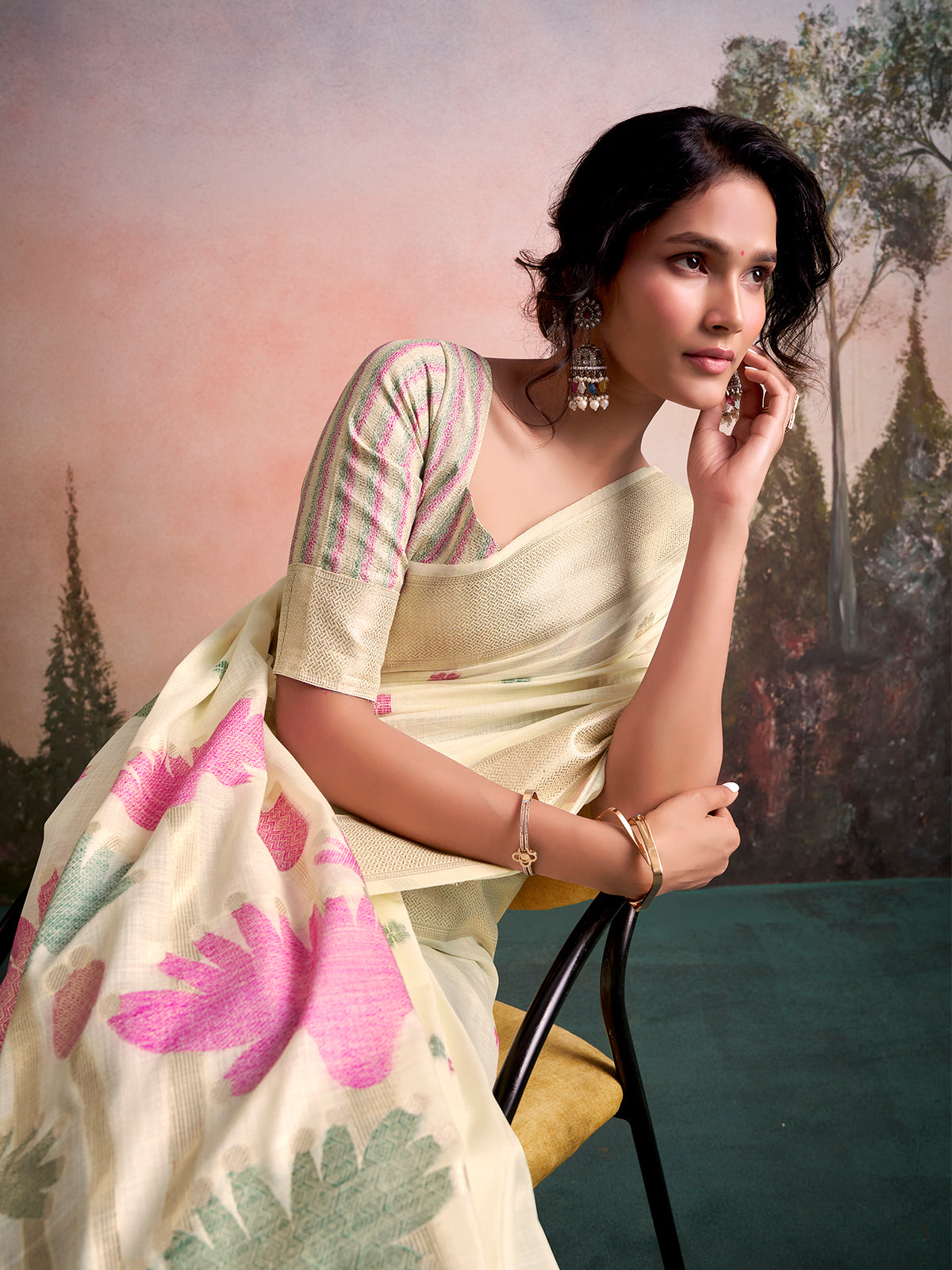 Cream nature inspired linen silk festive saree