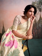 Cream nature inspired linen silk festive saree