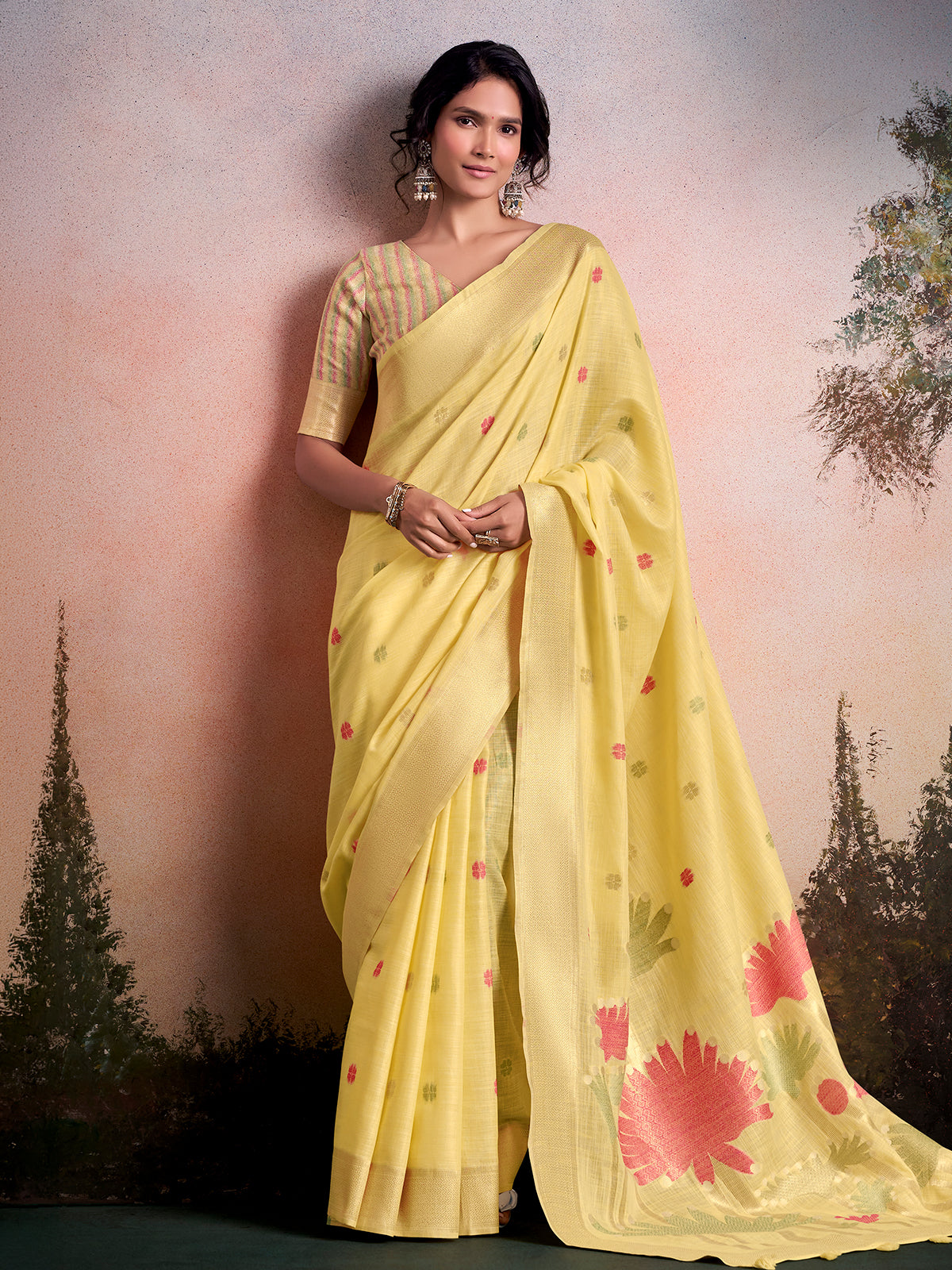 Yellow linen silk woven lotus garden saree