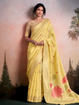 Yellow linen silk woven lotus garden saree