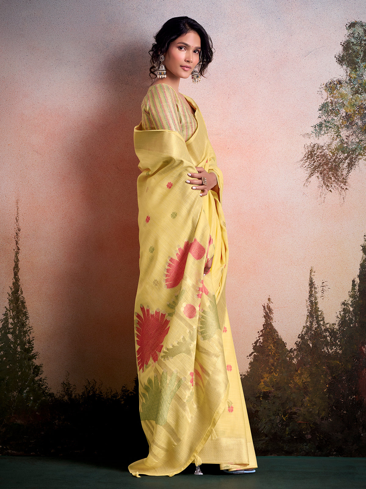 Yellow linen silk woven lotus garden saree