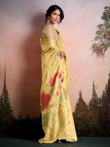 Yellow linen silk woven lotus garden saree