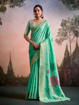 Mint green artistic pallu linen silk saree