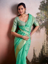 Mint green artistic pallu linen silk saree