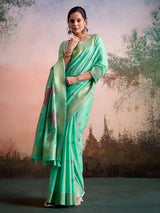 Mint green artistic pallu linen silk saree