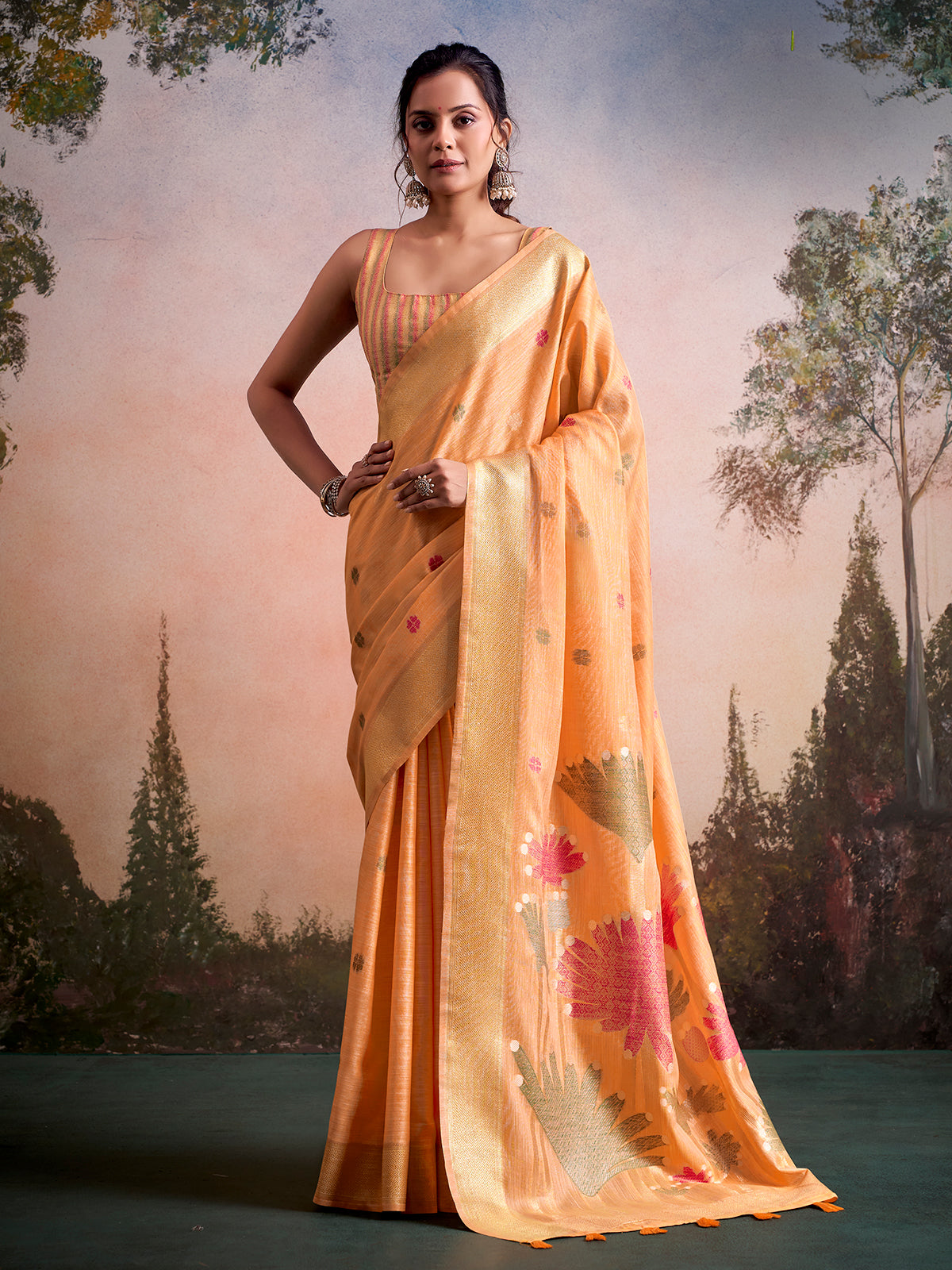 Orange tropical heritage linen silk saree