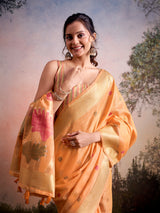 Orange tropical heritage linen silk saree