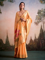 Orange tropical heritage linen silk saree