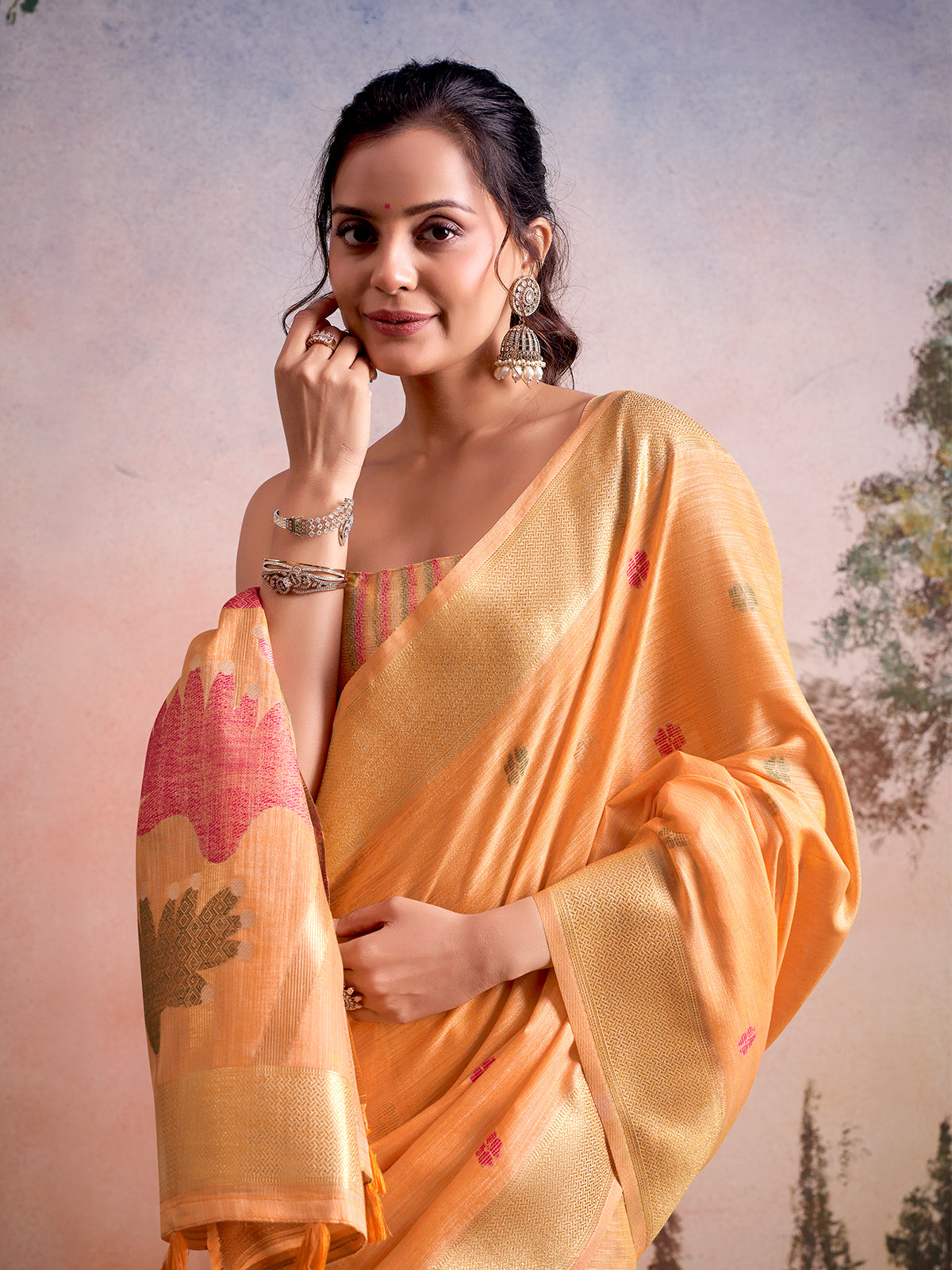 Orange tropical heritage linen silk saree