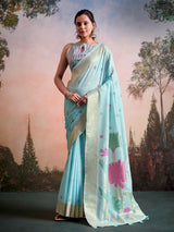 Sky blue botanical charm linen silk saree with unstitched blouse