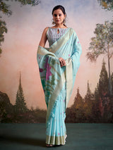 Sky blue botanical charm linen silk saree with unstitched blouse