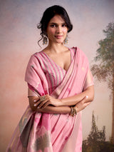 Pink lotus bloom linen silk saree