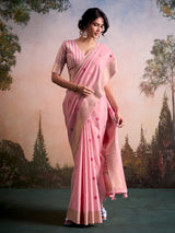 Pink lotus bloom linen silk saree