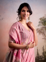 Pink lotus bloom linen silk saree