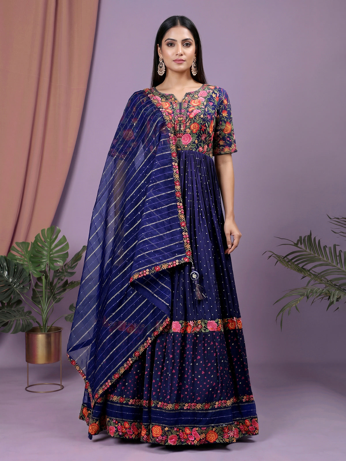 Navy silk anarkali salwar suit with sweetheart neckline