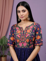 Navy silk anarkali salwar suit with sweetheart neckline