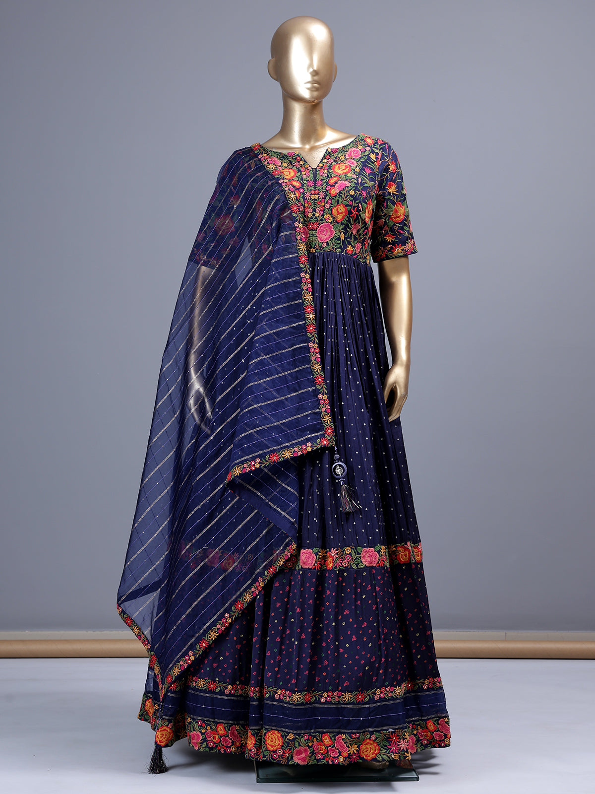 Navy silk anarkali salwar suit with sweetheart neckline