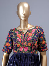 Navy silk anarkali salwar suit with sweetheart neckline