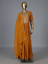 Mustard yellow silk anarkali suit with dupatta design