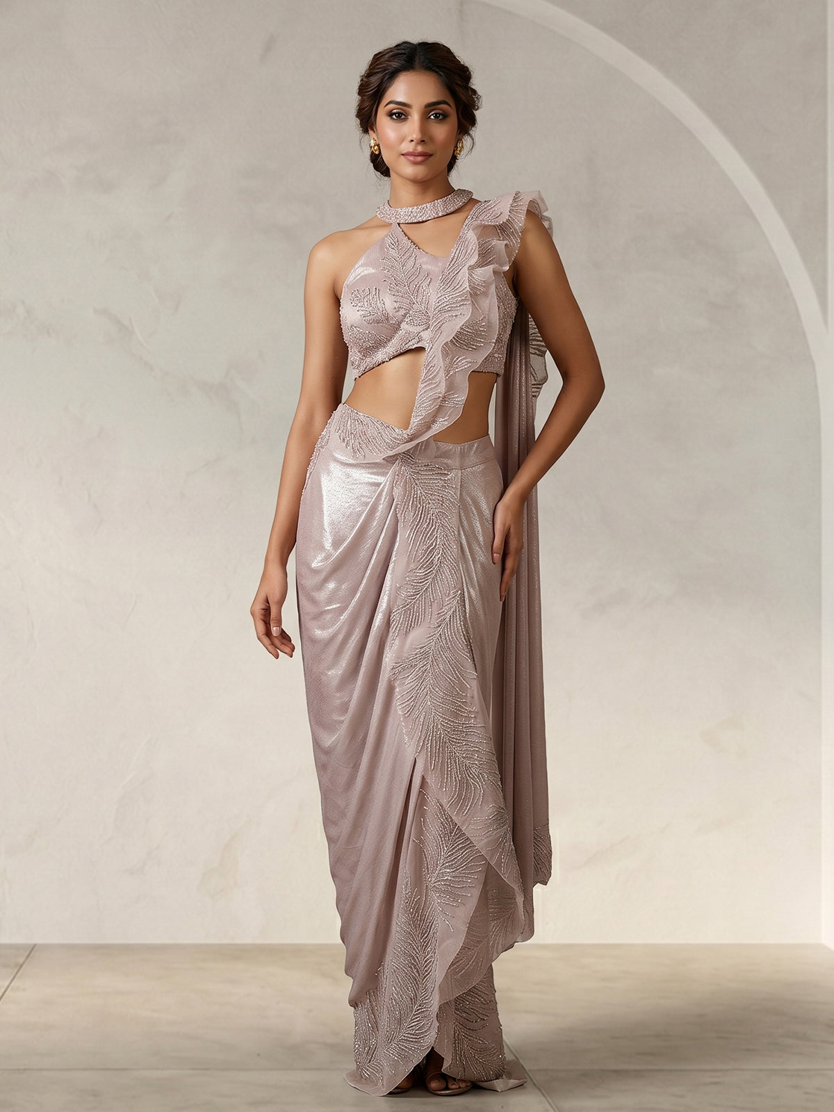 Baby pink lycra indowestern suit with attached dupatta