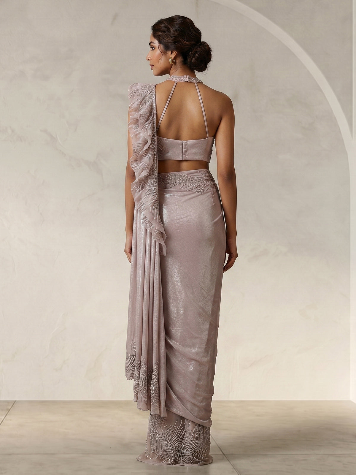 Baby pink lycra indowestern suit with attached dupatta