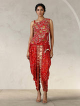 Red bandhej printed silk dhoti suit with embellishments