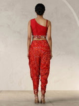 Red bandhej printed silk dhoti suit with embellishments