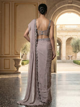 Grey silk ready to wear saree with attached pallu