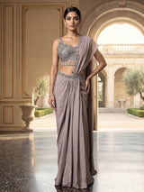 Grey silk ready to wear saree with attached pallu
