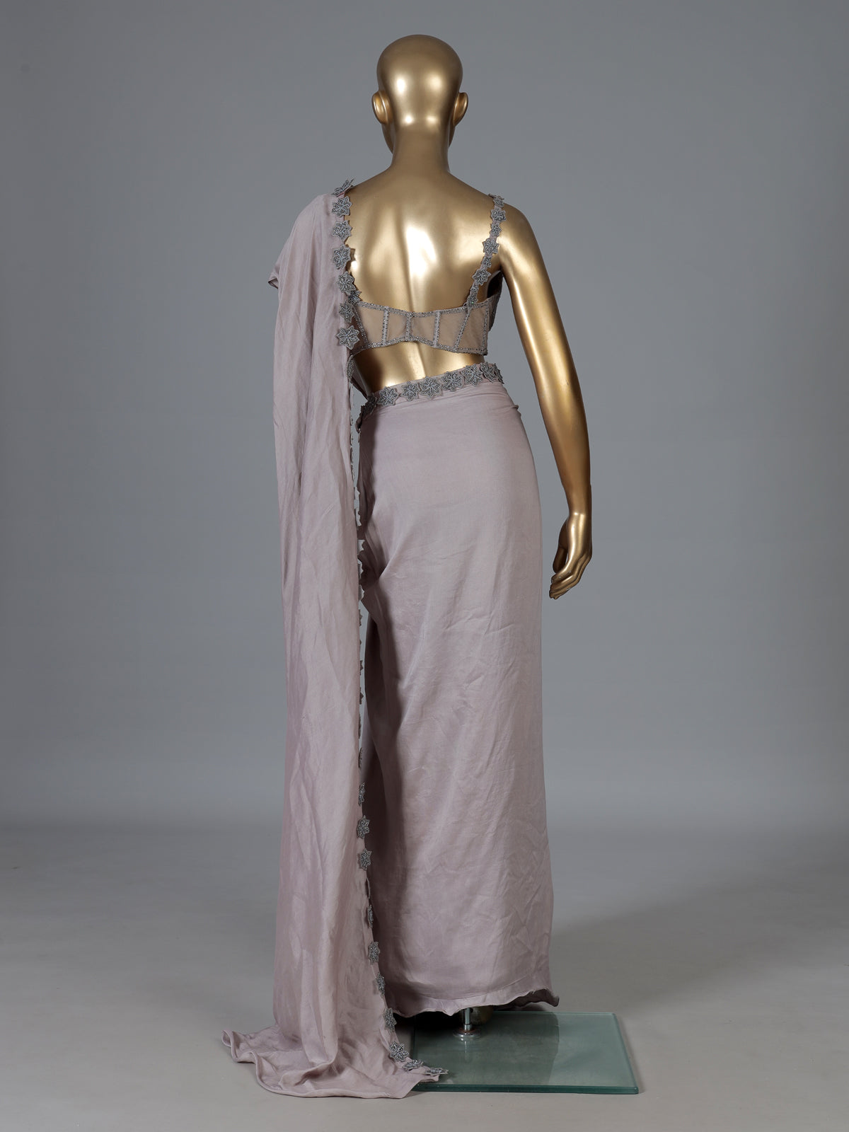 Grey silk ready to wear saree with attached pallu