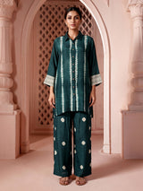 Green silk printed designer co-ord set with palazzo