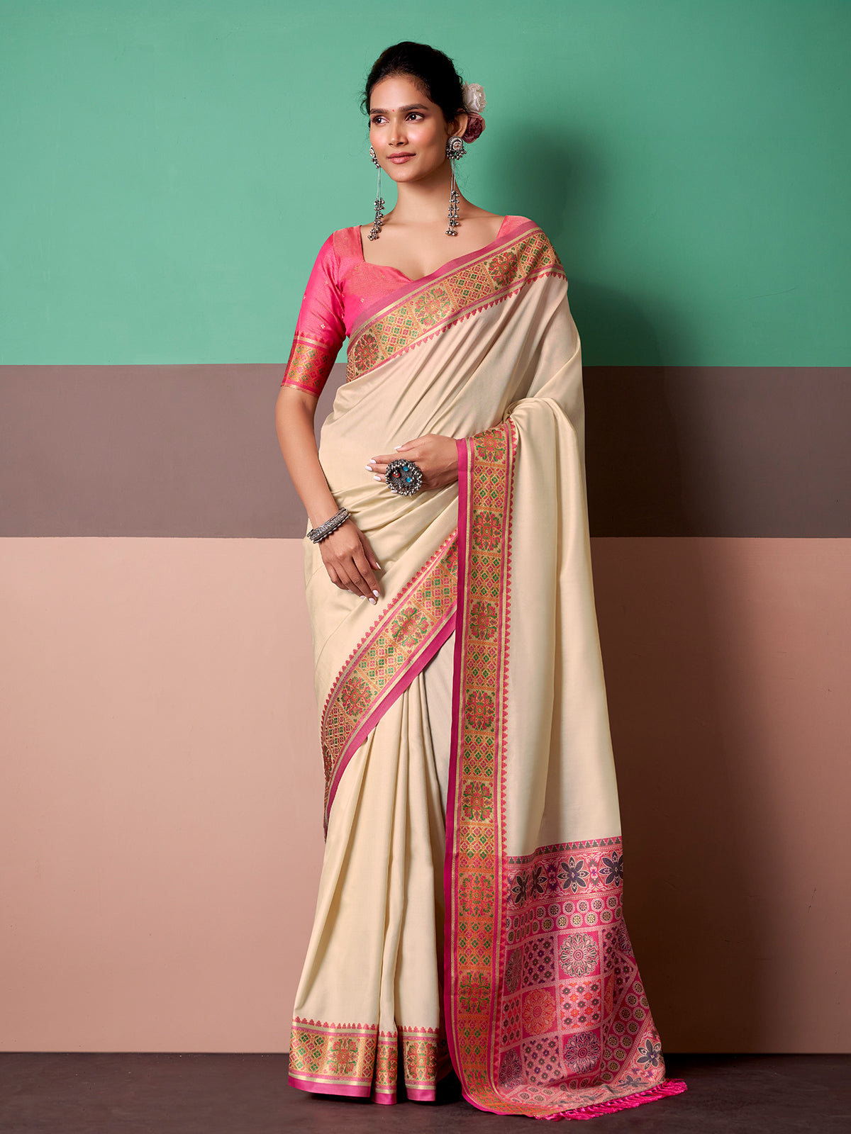 Cream classic heritage weave saree