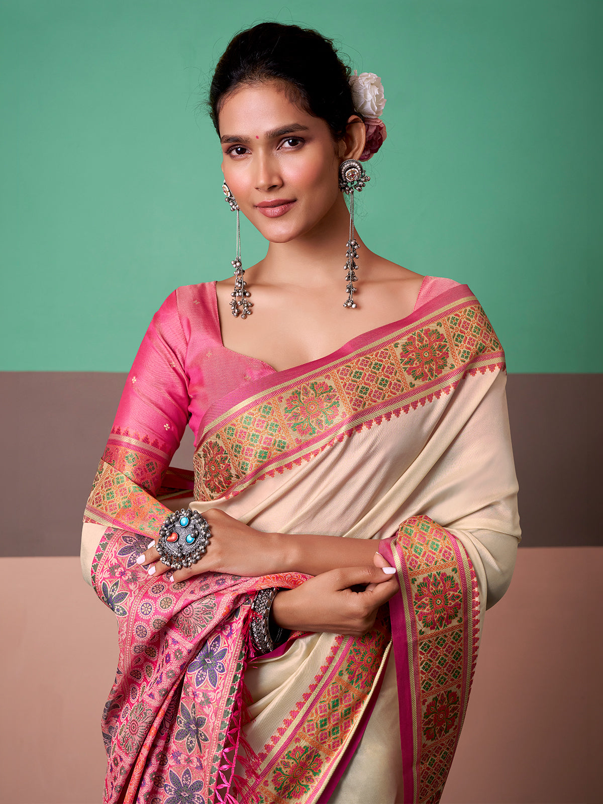 Cream classic heritage weave saree