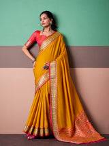 Mustard yellow festive ikat weave saree