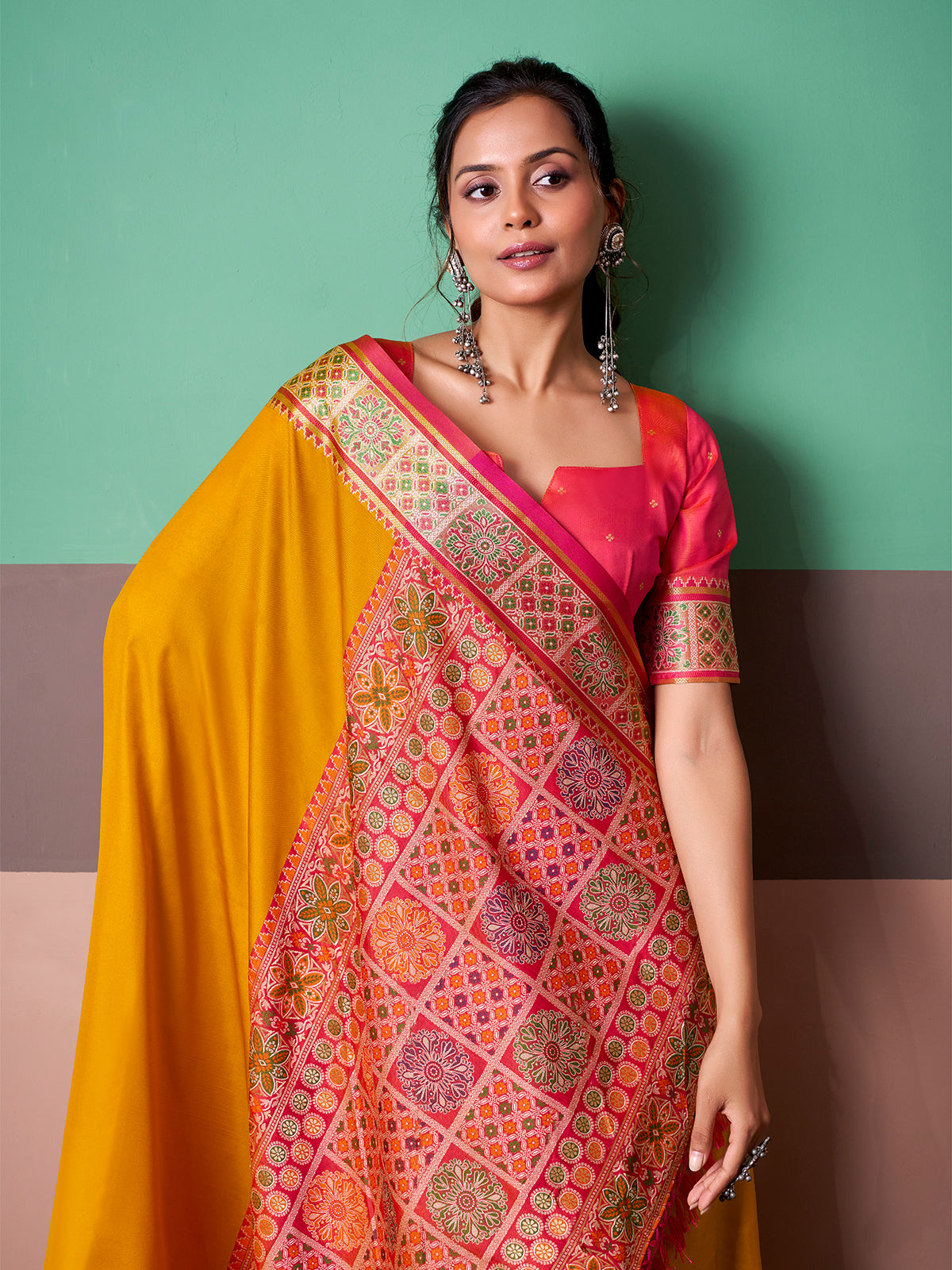 Mustard yellow festive ikat weave saree